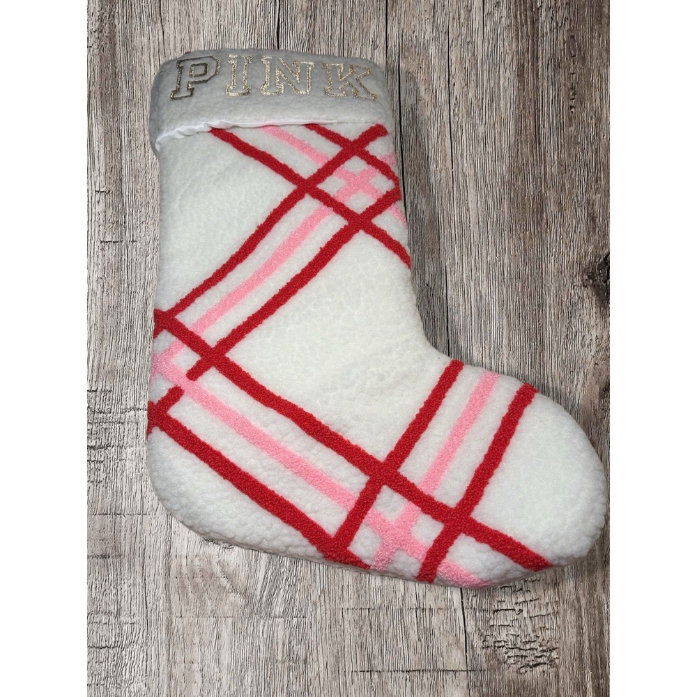 Victoria's Secret PINK White Candy Cane Christmas Stocking 16 in x 10 in NWT